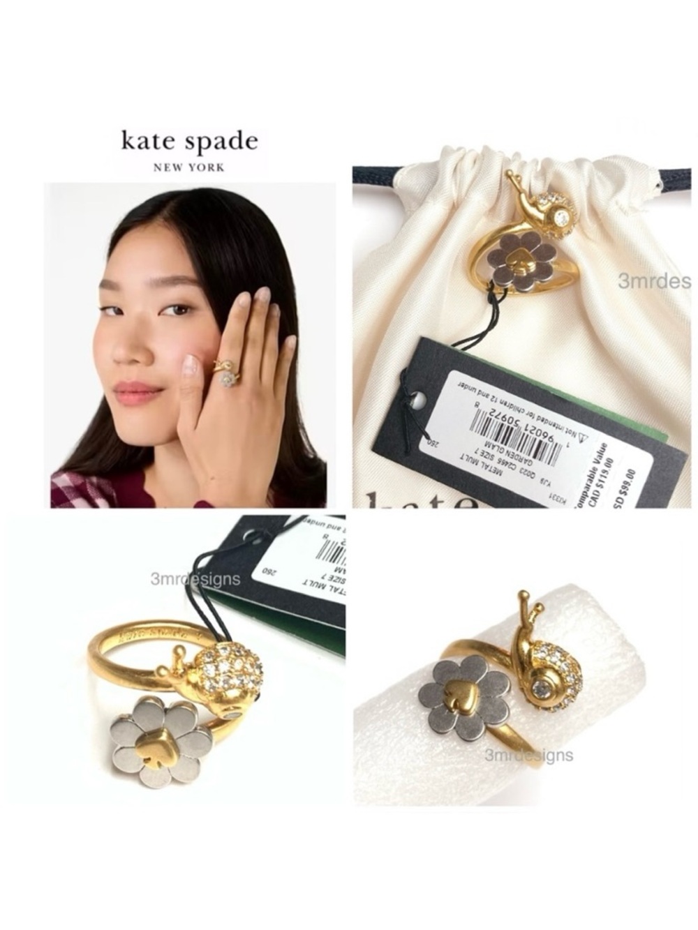 NWT Kate Spade ♠️ GARDEN GLAM 12-K Matte Gold/ Silver Plated Snail/Flower Ring